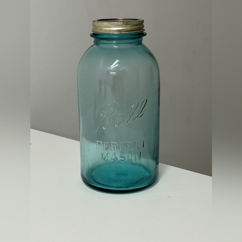 c. 1900 Blue Green Tinted Glass BALL Perfect Mason Half Gallon Jar